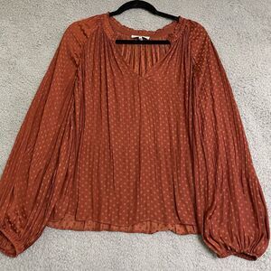 Current Air dot Blouse elastic cuff Burnt Orange Sz M peasant Career Silky